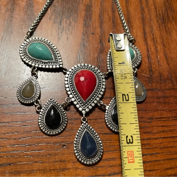 Vintage Silver Finish Genuine Multi Teardrop Faux Stones Necklace - Picture 8 of 9